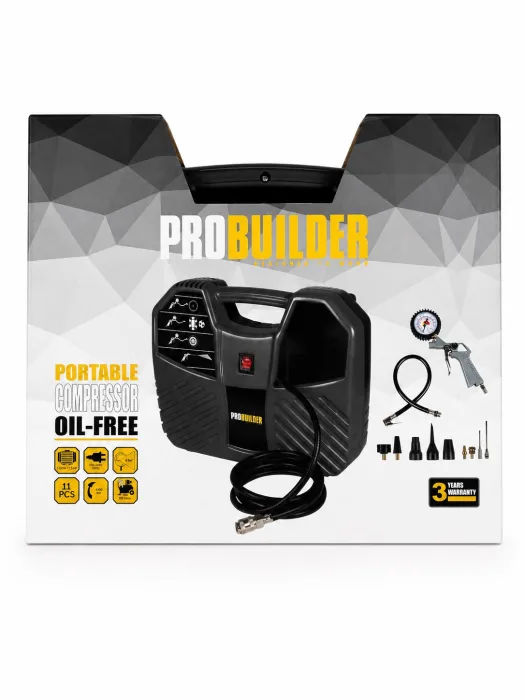 Nešiojamas bealyvis oro kompresorius PROBUILDER, 11 dalių